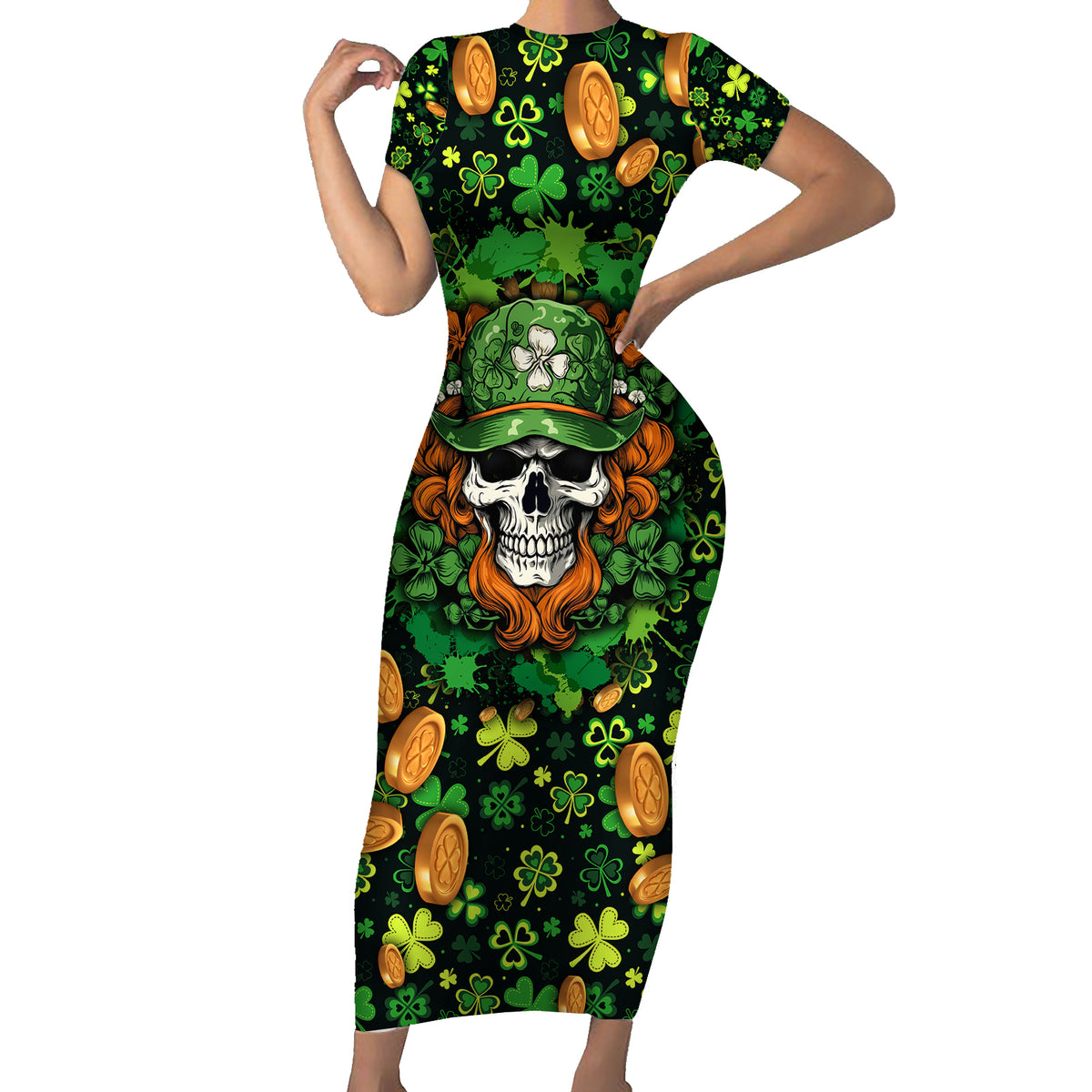 Happy St. Patrick's Day Skull Family Matching Short Sleeve Bodycon Dress and Hawaiian Shirt - Wonder Print Shop