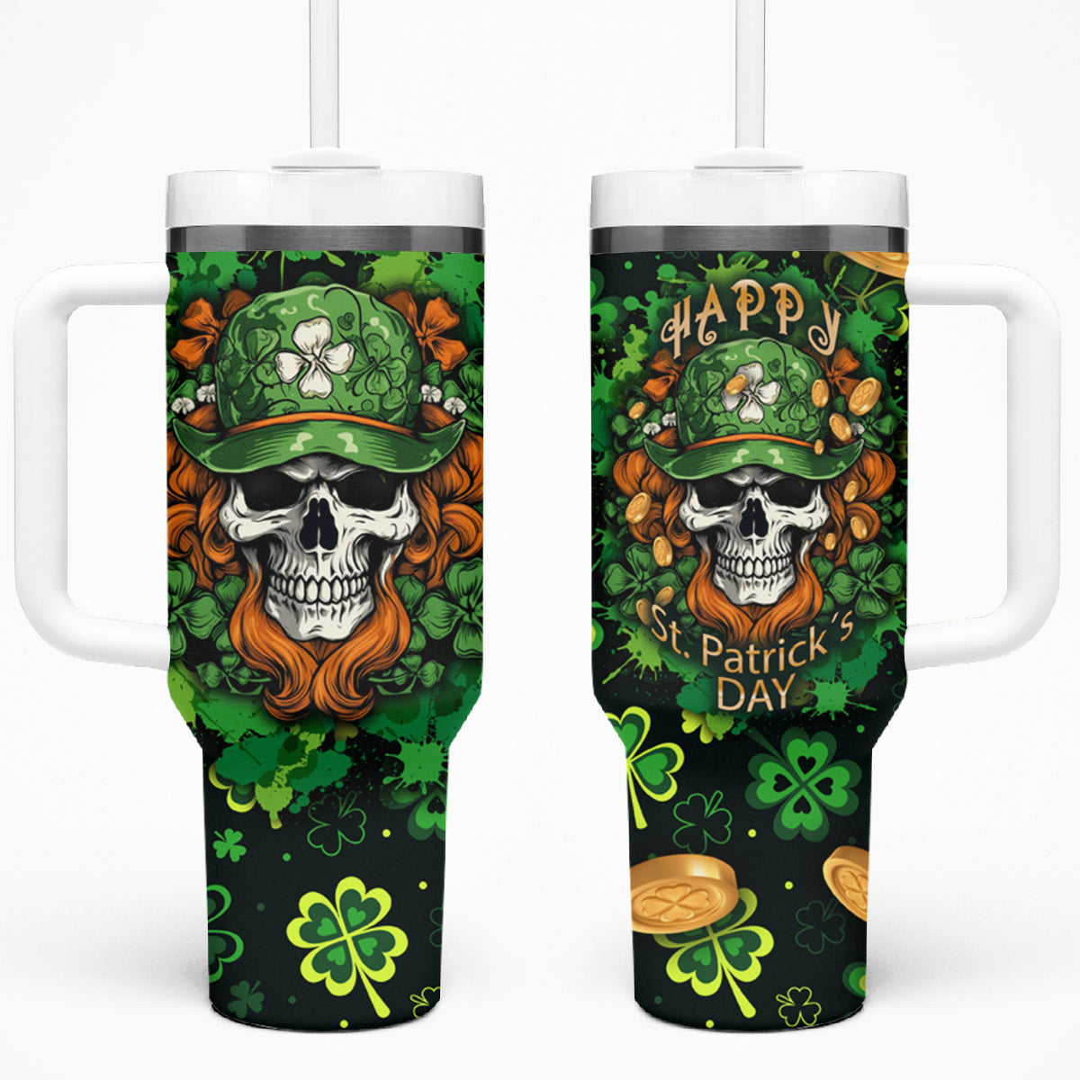 Happy St. Patrick's Day Skull Tumbler With Handle - Wonder Print Shop