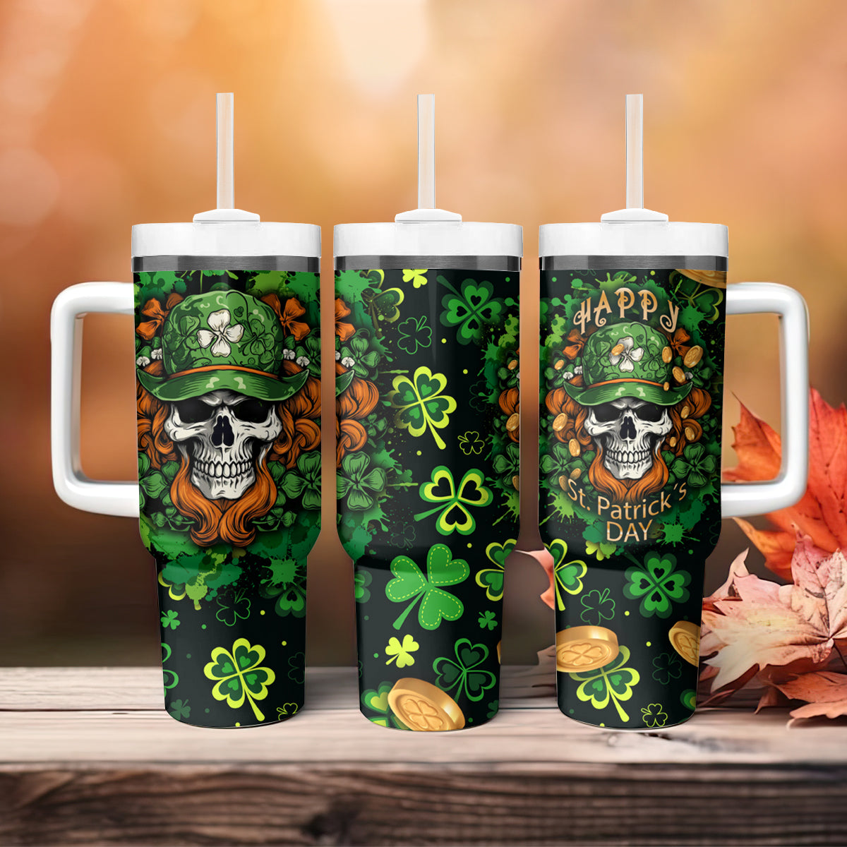 Happy St. Patrick's Day Skull Tumbler With Handle - Wonder Print Shop
