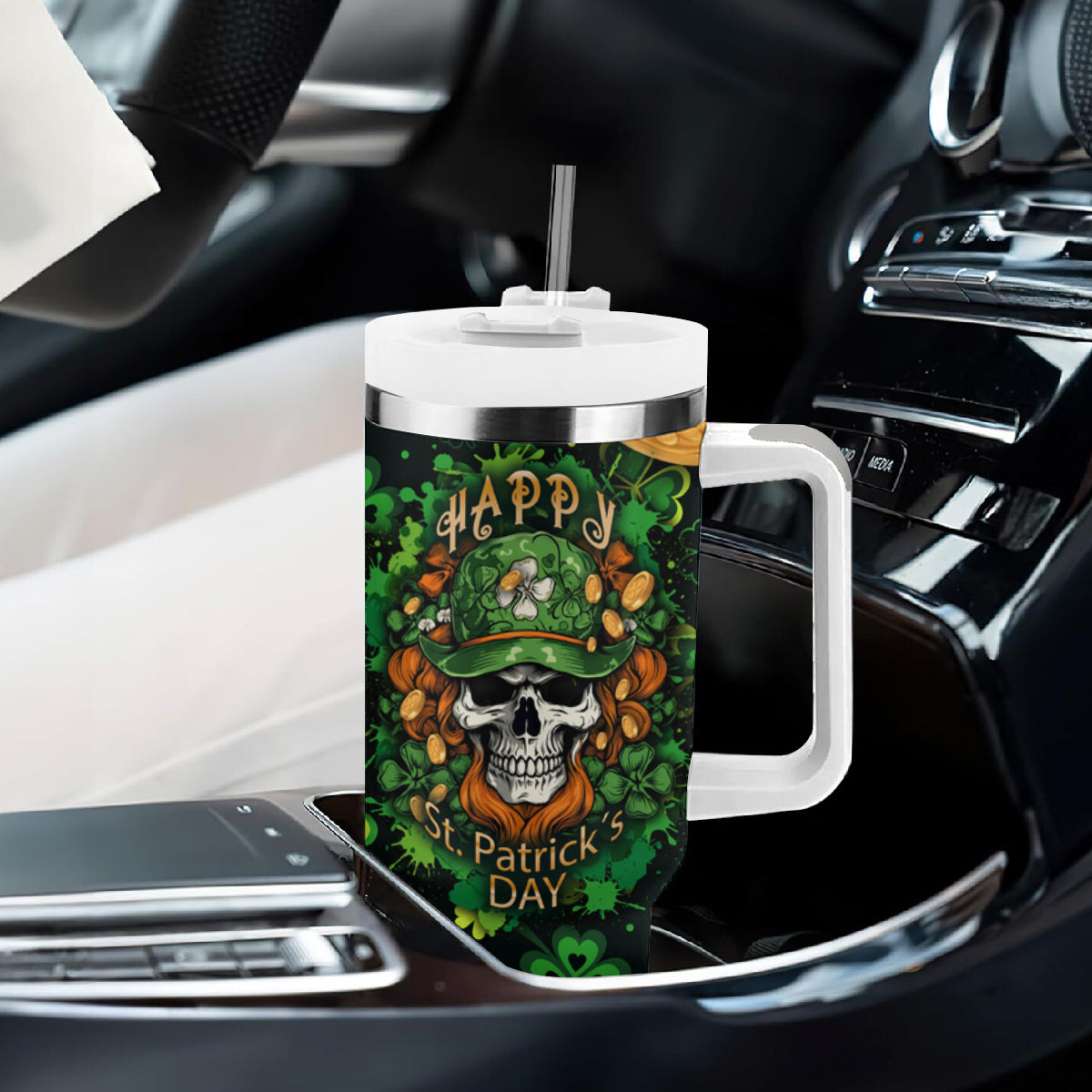 Happy St. Patrick's Day Skull Tumbler With Handle - Wonder Print Shop