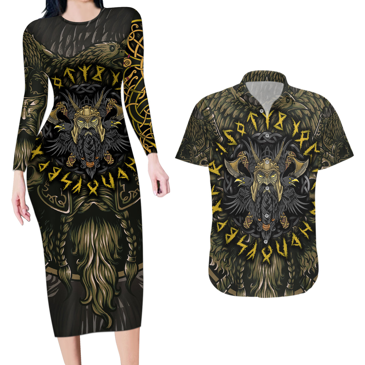 Viking Warrior Couples Matching Long Sleeve Bodycon Dress and Hawaiian Shirt - Wonder Print Shop