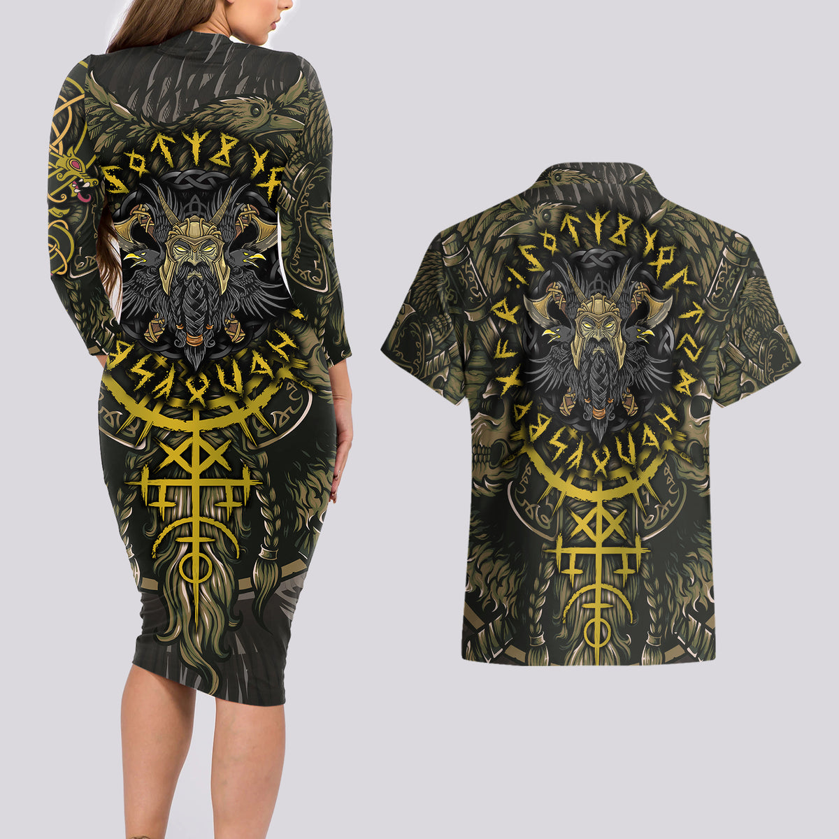 Viking Warrior Couples Matching Long Sleeve Bodycon Dress and Hawaiian Shirt - Wonder Print Shop