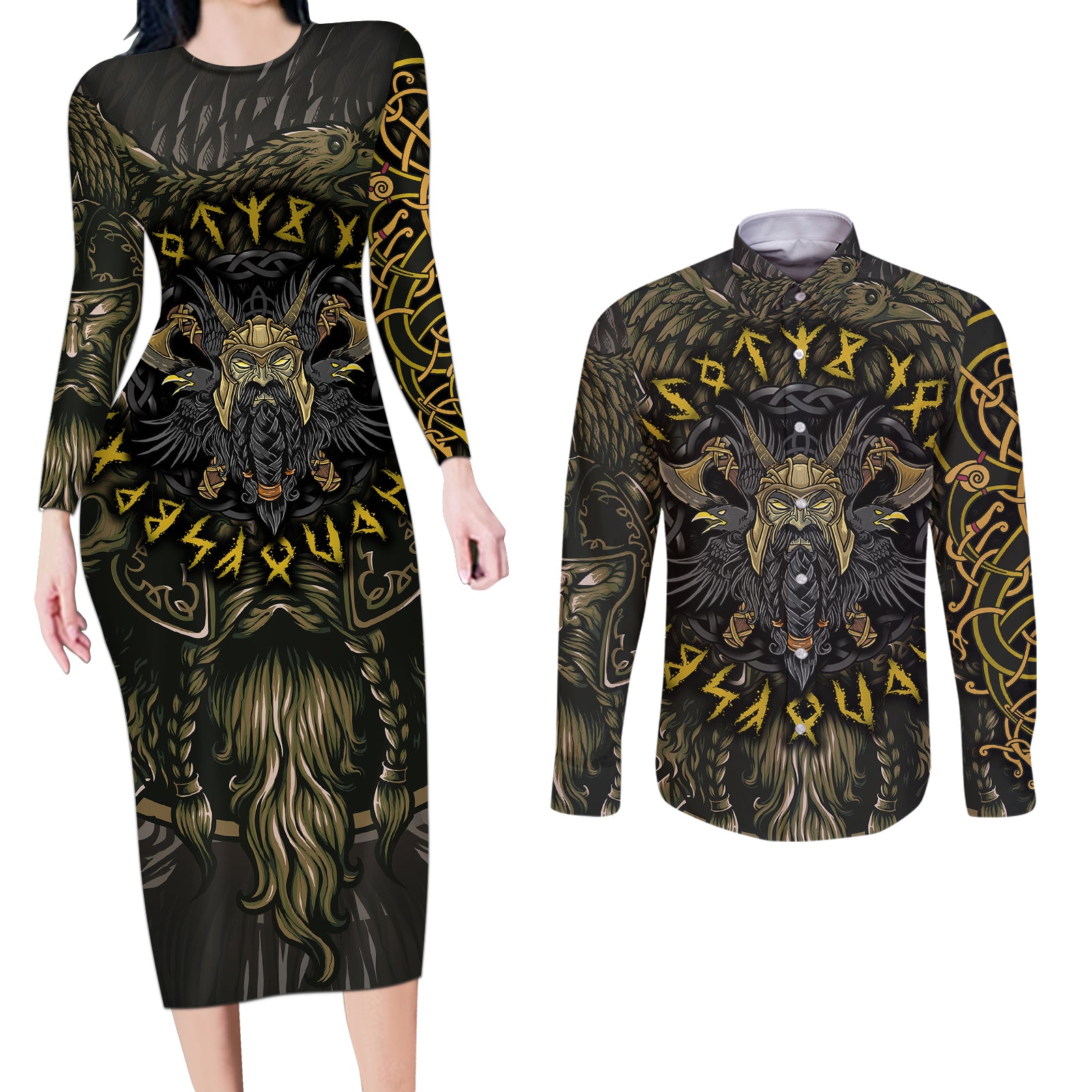 Viking Warrior Couples Matching Long Sleeve Bodycon Dress and Long Sleeve Button Shirts - Wonder Print Shop