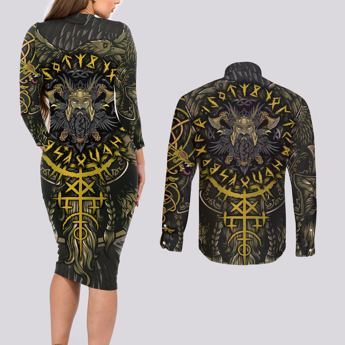 Viking Warrior Couples Matching Long Sleeve Bodycon Dress and Long Sleeve Button Shirts - Wonder Print Shop