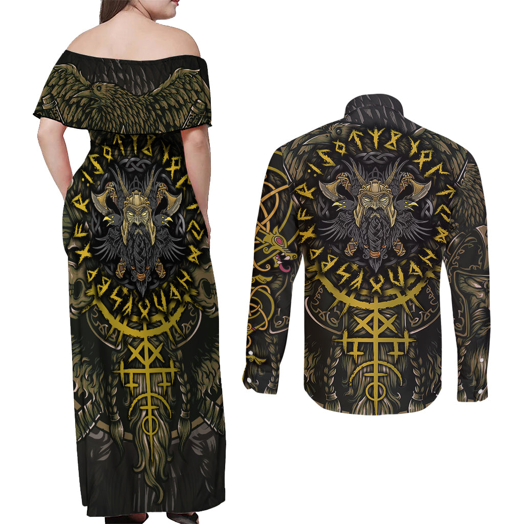 Viking Warrior Couples Matching Off Shoulder Maxi Dress and Long Sleeve Button Shirts - Wonder Print Shop