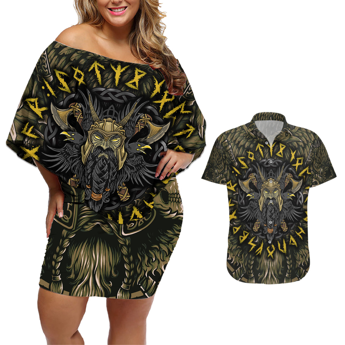 Viking Warrior Couples Matching Off Shoulder Short Dress and Hawaiian Shirt - Wonder Print Shop