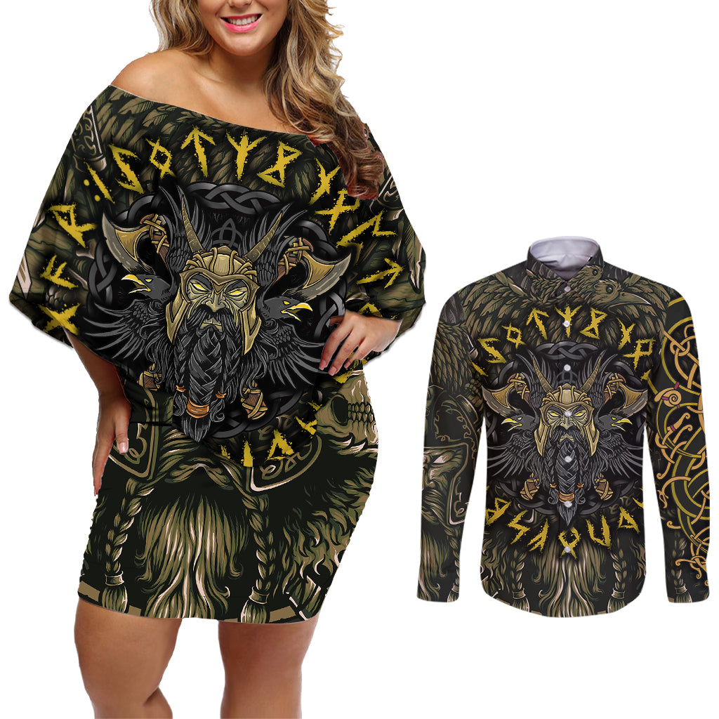 Viking Warrior Couples Matching Off Shoulder Short Dress and Long Sleeve Button Shirts - Wonder Print Shop