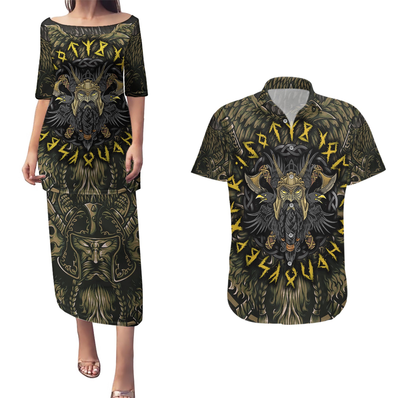 Viking Warrior Couples Matching Puletasi Dress and Hawaiian Shirt - Wonder Print Shop