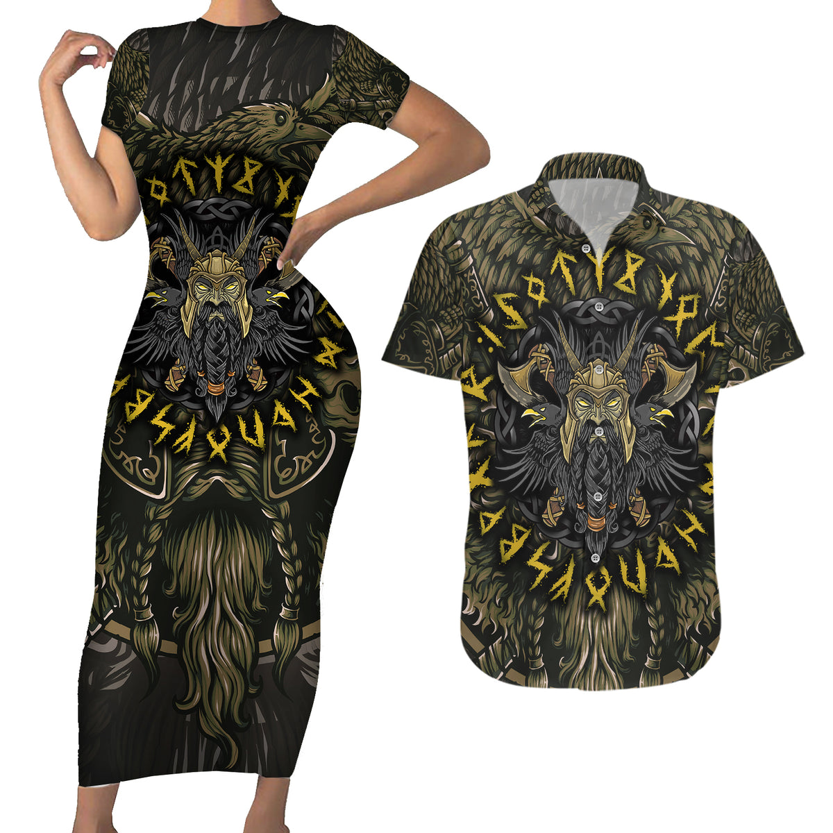 Viking Warrior Couples Matching Short Sleeve Bodycon Dress and Hawaiian Shirt - Wonder Print Shop