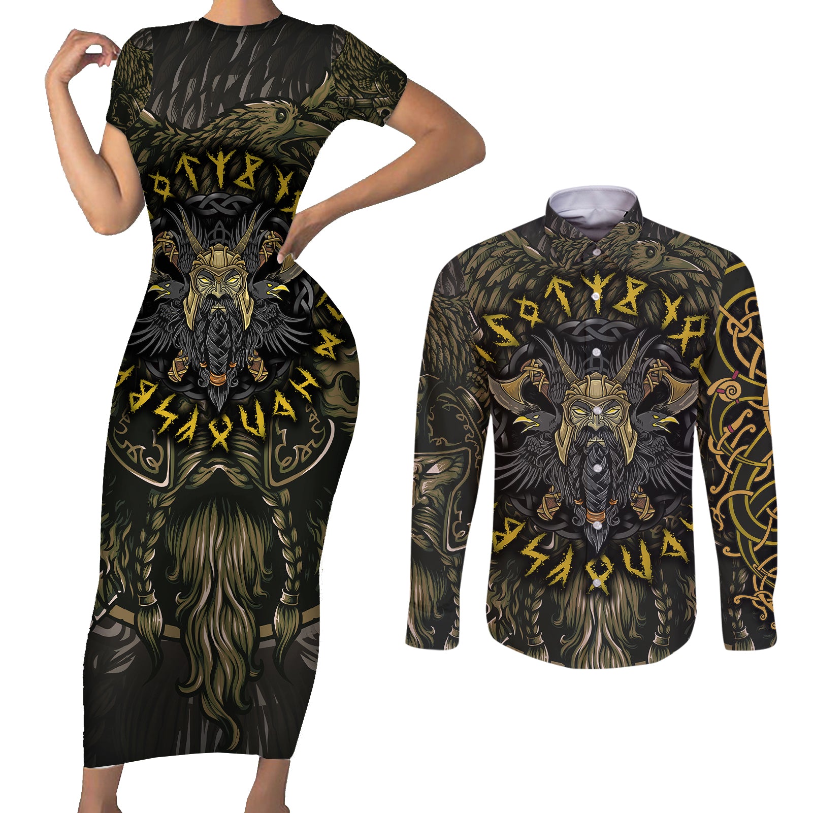 Viking Warrior Couples Matching Short Sleeve Bodycon Dress and Long Sleeve Button Shirts - Wonder Print Shop
