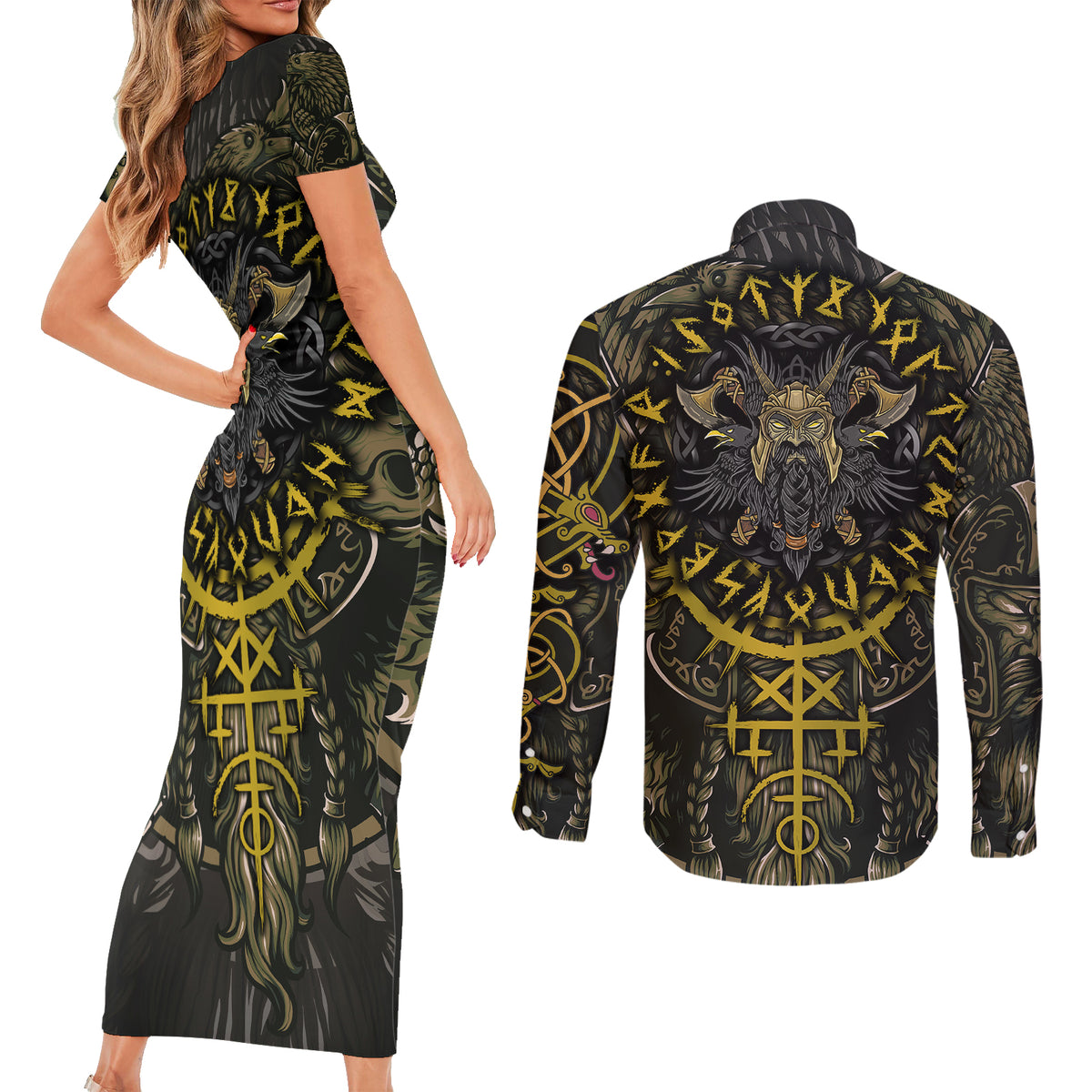 Viking Warrior Couples Matching Short Sleeve Bodycon Dress and Long Sleeve Button Shirts - Wonder Print Shop