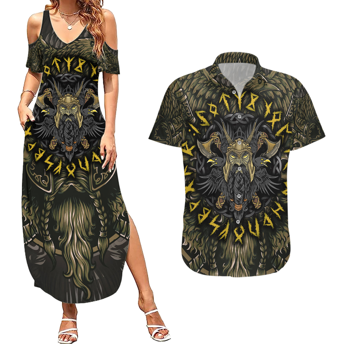 Viking Warrior Couples Matching Summer Maxi Dress and Hawaiian Shirt - Wonder Print Shop