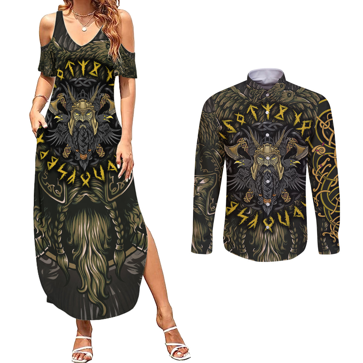 Viking Warrior Couples Matching Summer Maxi Dress and Long Sleeve Button Shirts - Wonder Print Shop