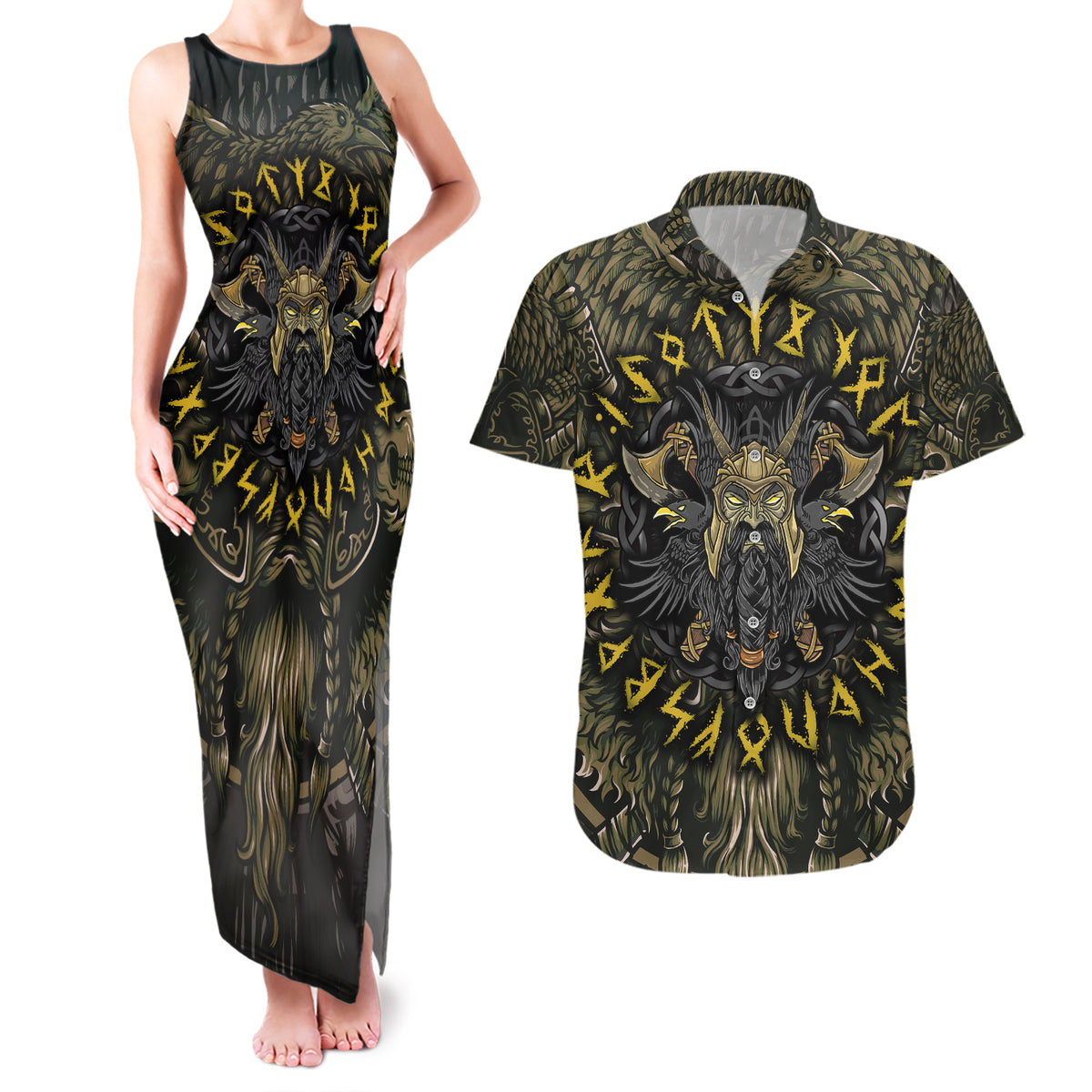 Viking Warrior Couples Matching Tank Maxi Dress and Hawaiian Shirt - Wonder Print Shop