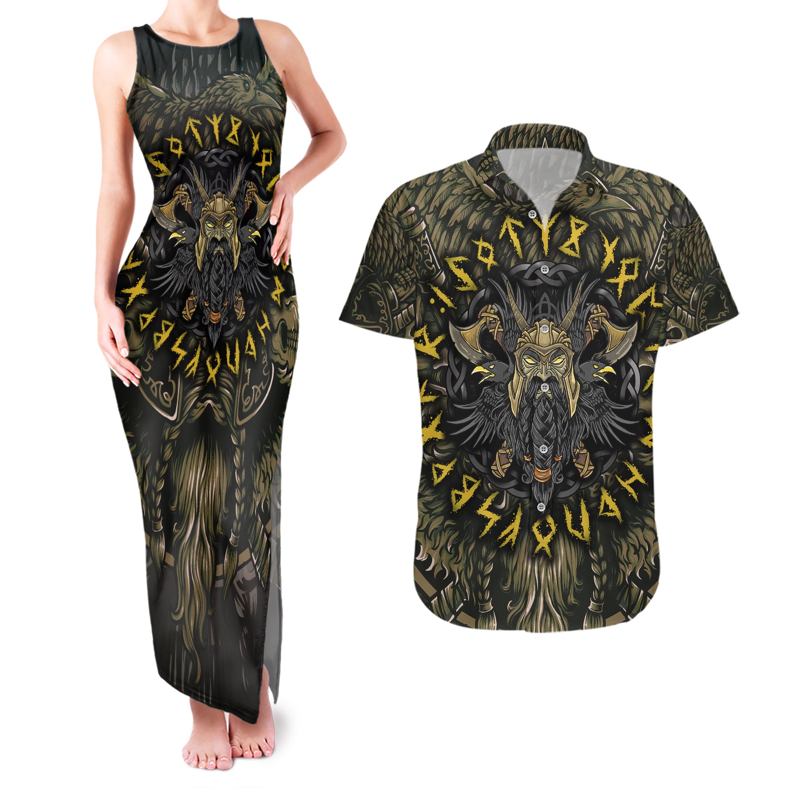 Viking Warrior Couples Matching Tank Maxi Dress and Hawaiian Shirt - Wonder Print Shop
