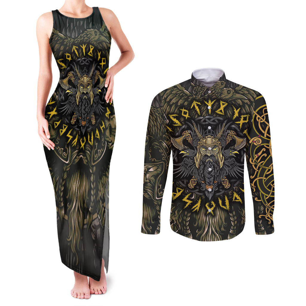 Viking Warrior Couples Matching Tank Maxi Dress and Long Sleeve Button Shirts - Wonder Print Shop