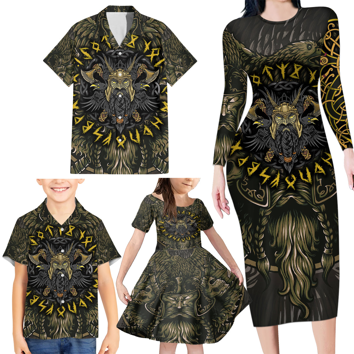 Viking Warrior Family Matching Long Sleeve Bodycon Dress and Hawaiian Shirt - Wonder Print Shop
