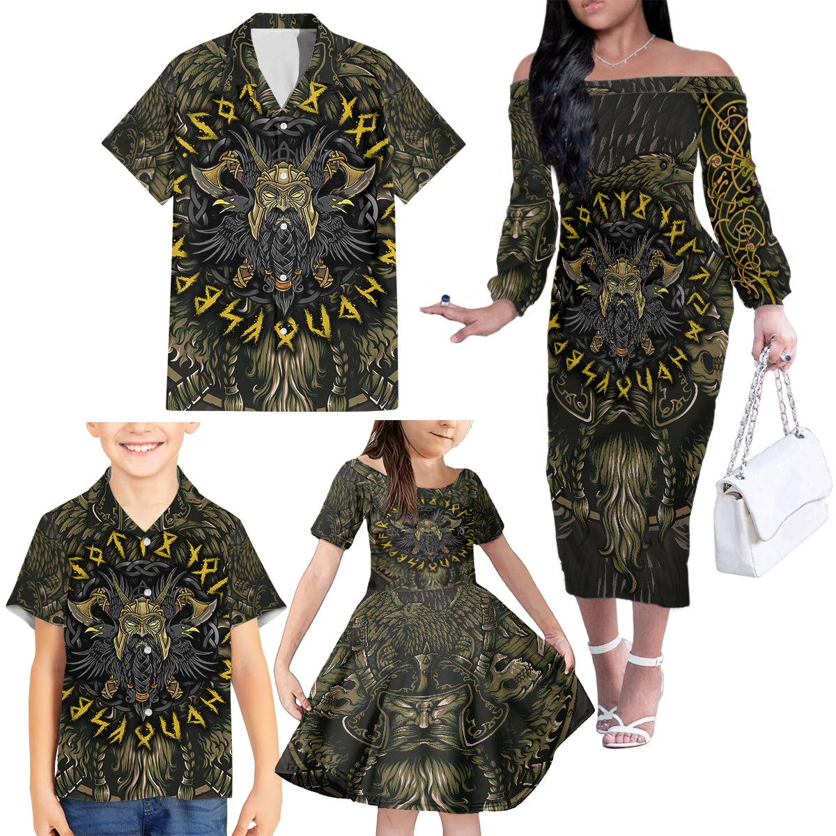 Viking Warrior Family Matching Off Shoulder Long Sleeve Dress and Hawaiian Shirt - Wonder Print Shop