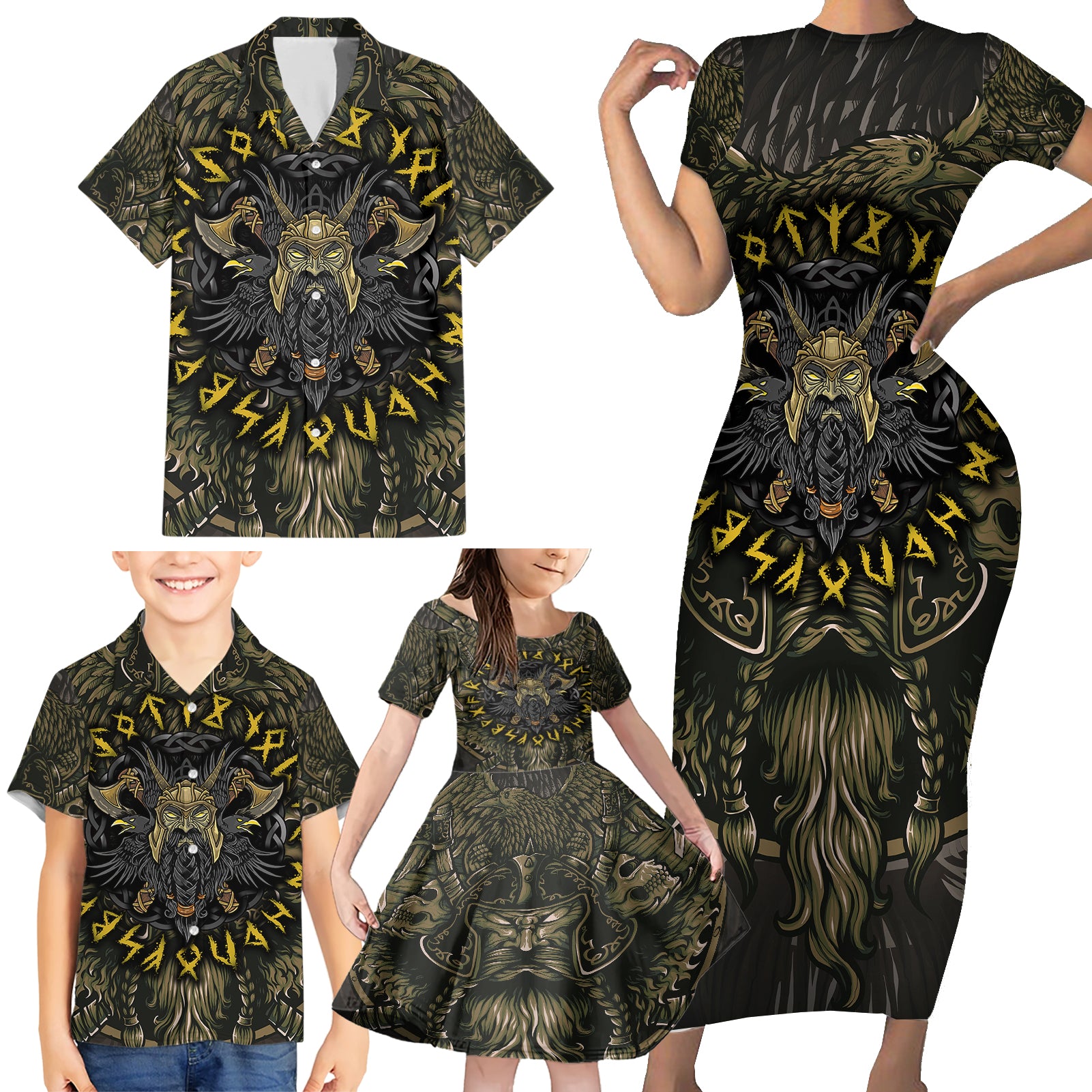 Viking Warrior Family Matching Short Sleeve Bodycon Dress and Hawaiian Shirt - Wonder Print Shop