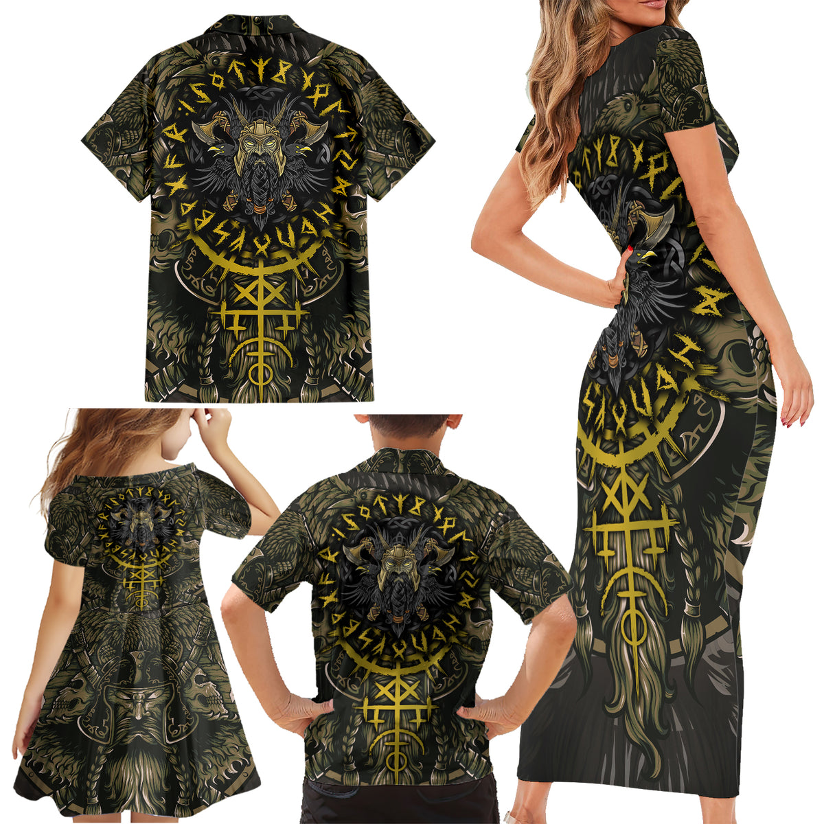 Viking Warrior Family Matching Short Sleeve Bodycon Dress and Hawaiian Shirt - Wonder Print Shop