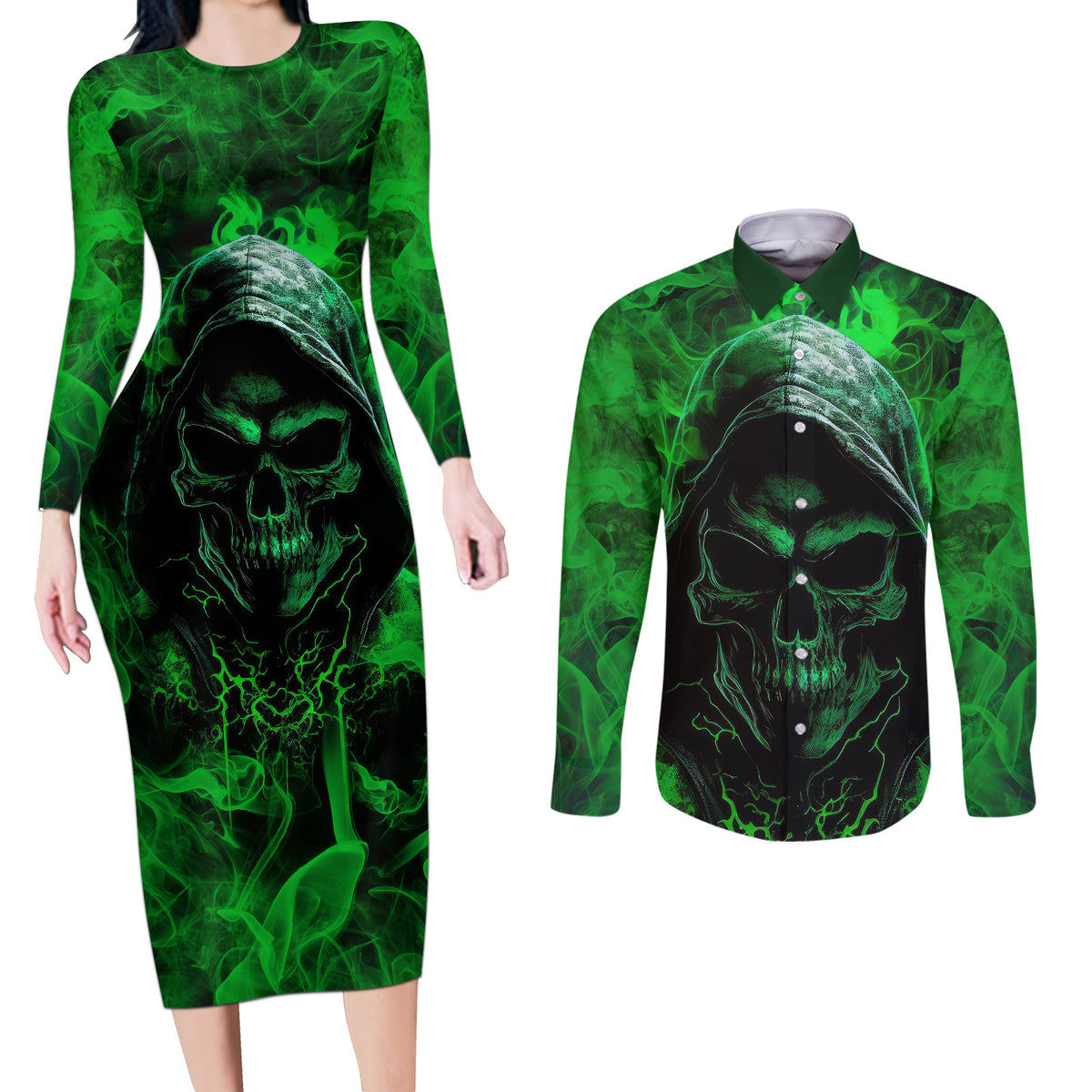 Skull Couples Matching Long Sleeve Bodycon Dress and Long Sleeve Button Shirts Try Again Tomorrow - Wonder Print Shop