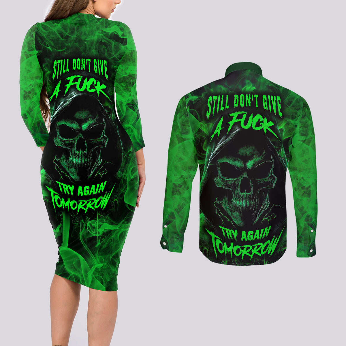 Skull Couples Matching Long Sleeve Bodycon Dress and Long Sleeve Button Shirts Try Again Tomorrow - Wonder Print Shop