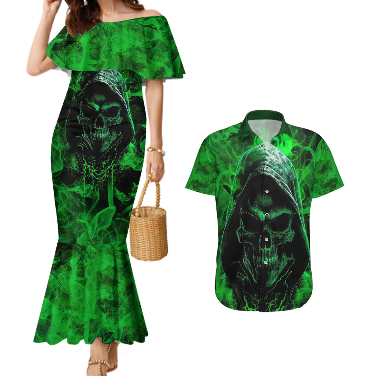 Skull Couples Matching Mermaid Dress and Hawaiian Shirt Try Again Tomorrow - Wonder Print Shop