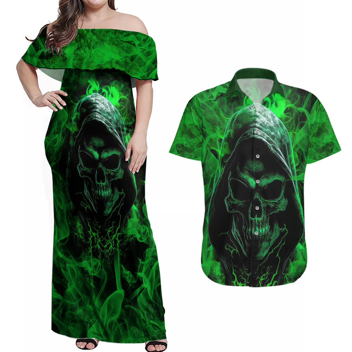 Skull Couples Matching Off Shoulder Maxi Dress and Hawaiian Shirt Try Again Tomorrow - Wonder Print Shop