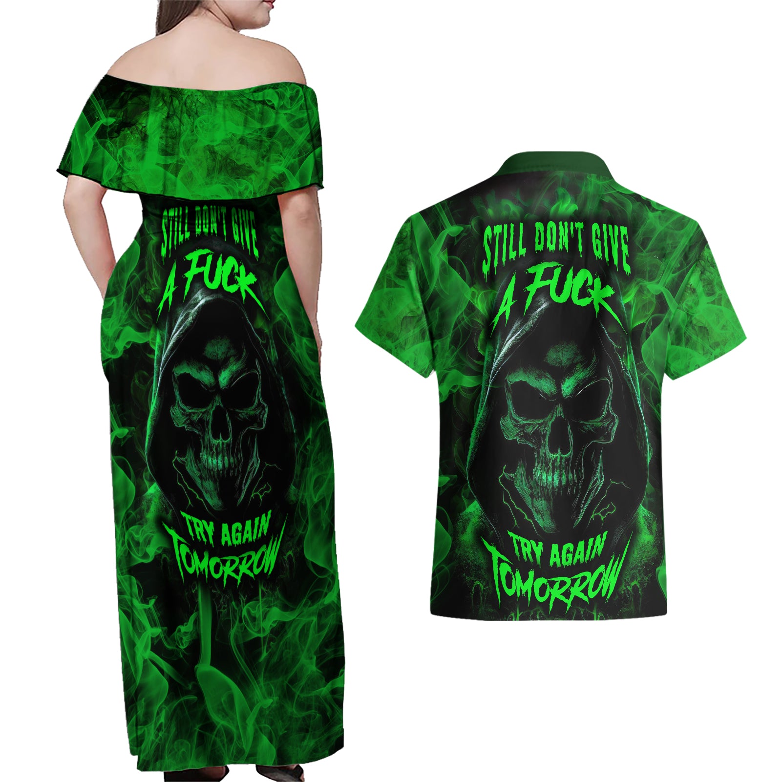 Skull Couples Matching Off Shoulder Maxi Dress and Hawaiian Shirt Try Again Tomorrow - Wonder Print Shop