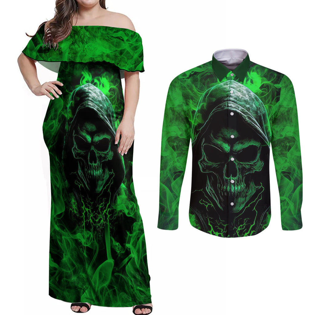 Skull Couples Matching Off Shoulder Maxi Dress and Long Sleeve Button Shirts Try Again Tomorrow - Wonder Print Shop