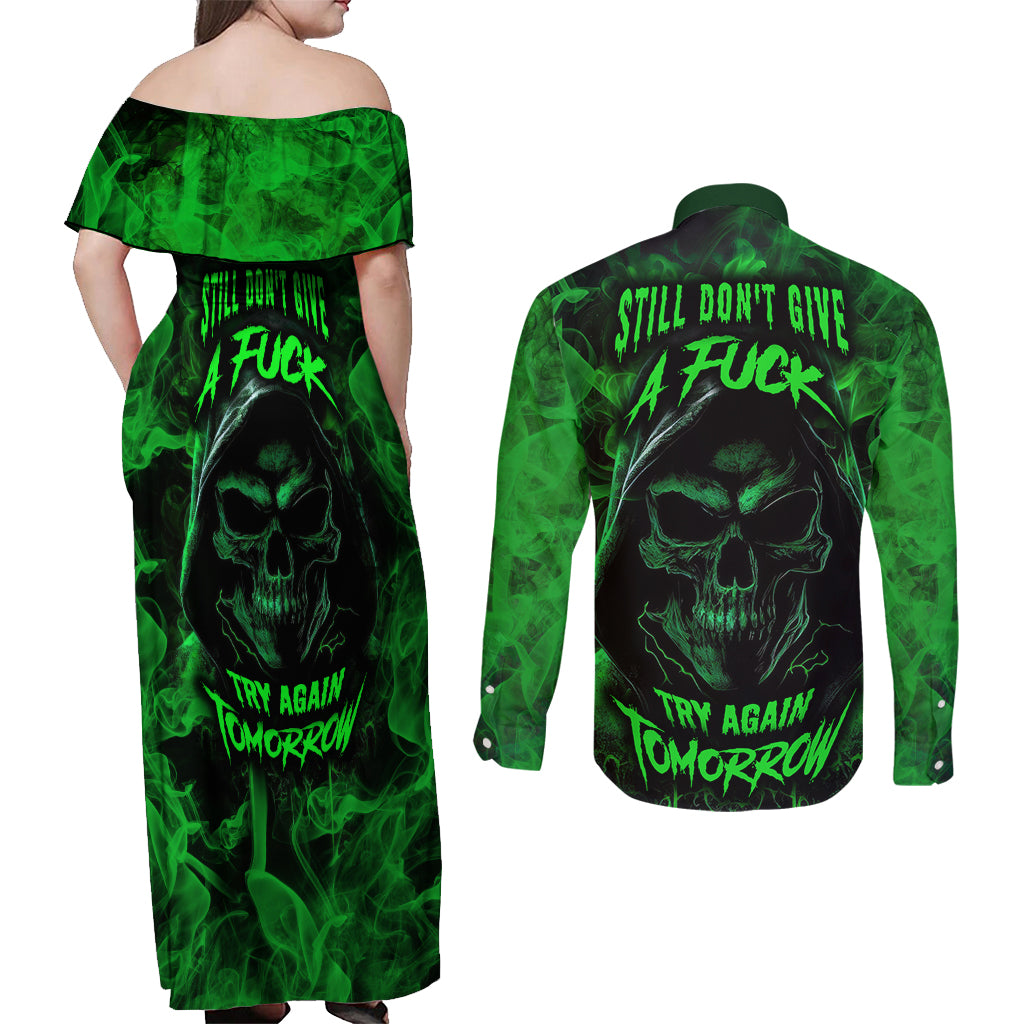 Skull Couples Matching Off Shoulder Maxi Dress and Long Sleeve Button Shirts Try Again Tomorrow - Wonder Print Shop
