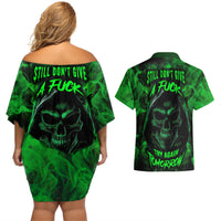 Skull Couples Matching Off Shoulder Short Dress and Hawaiian Shirt Try Again Tomorrow - Wonder Print Shop