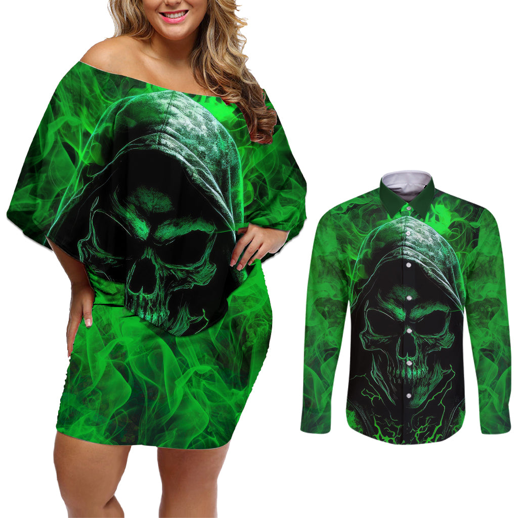 Skull Couples Matching Off Shoulder Short Dress and Long Sleeve Button Shirts Try Again Tomorrow - Wonder Print Shop