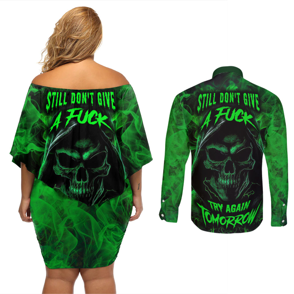 Skull Couples Matching Off Shoulder Short Dress and Long Sleeve Button Shirts Try Again Tomorrow - Wonder Print Shop