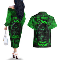 Skull Couples Matching Off The Shoulder Long Sleeve Dress and Hawaiian Shirt Try Again Tomorrow - Wonder Print Shop