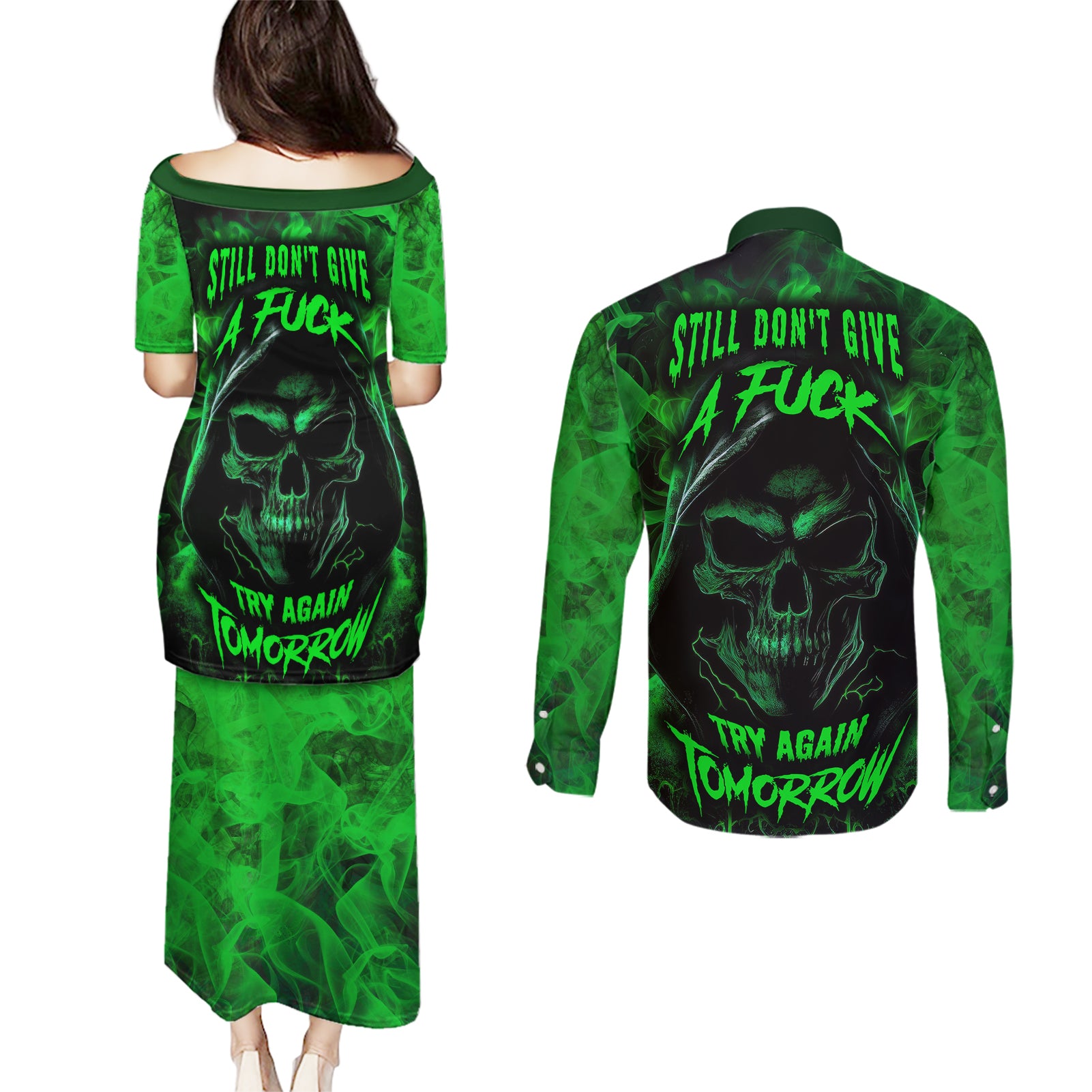 Skull Couples Matching Puletasi Dress and Long Sleeve Button Shirts Try Again Tomorrow - Wonder Print Shop