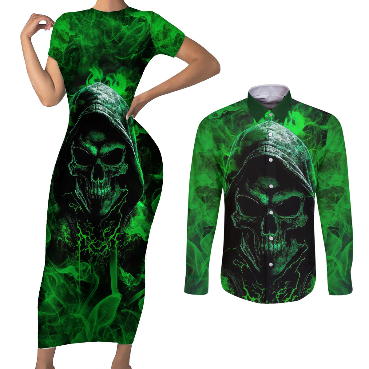 Skull Couples Matching Short Sleeve Bodycon Dress and Long Sleeve Button Shirts Try Again Tomorrow - Wonder Print Shop