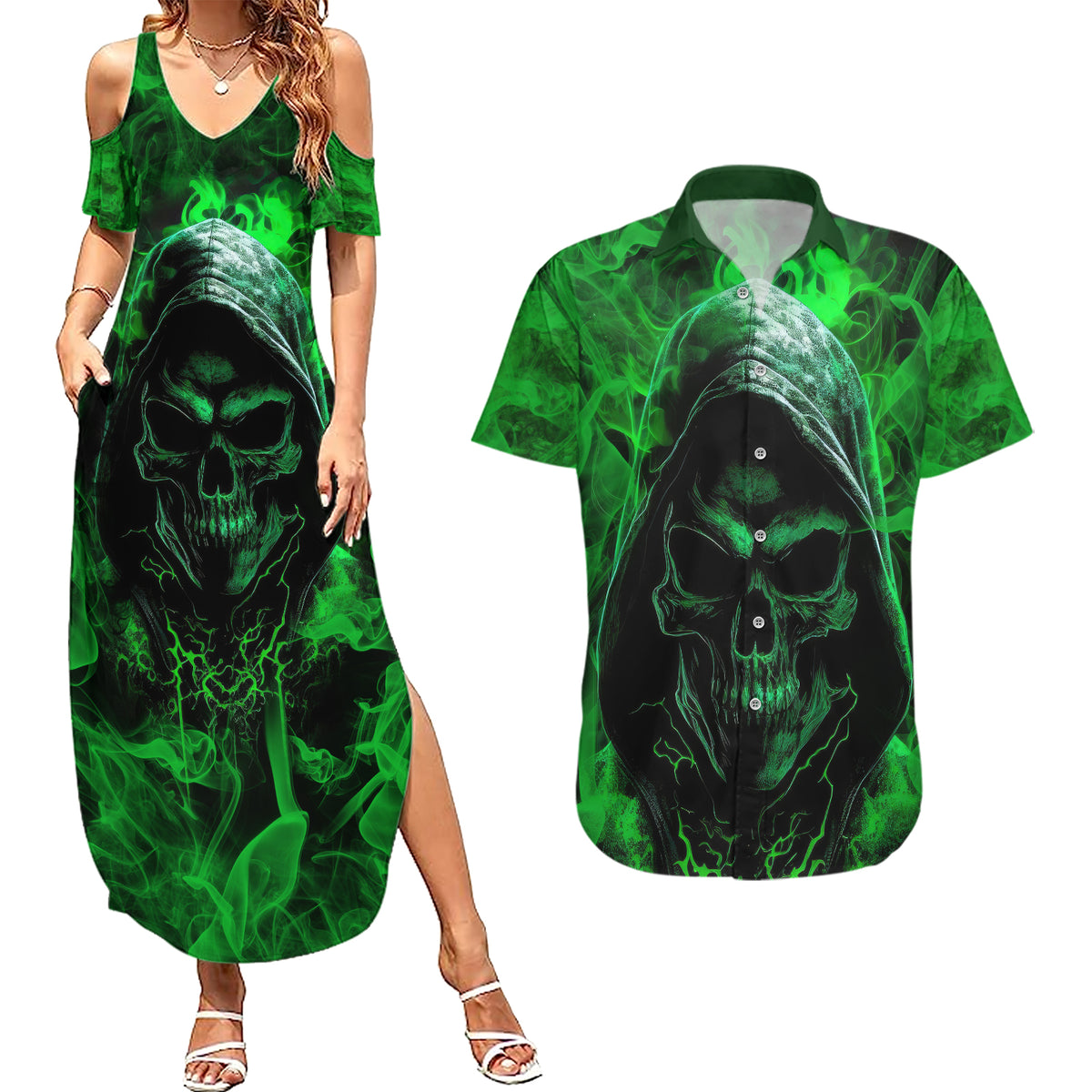 Skull Couples Matching Summer Maxi Dress and Hawaiian Shirt Try Again Tomorrow - Wonder Print Shop
