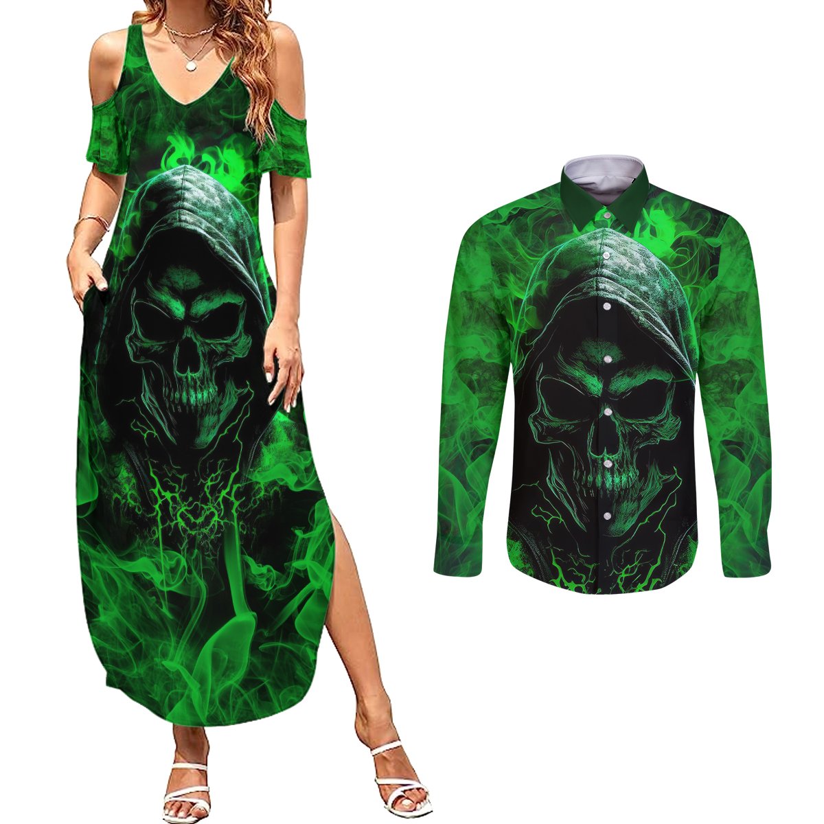 Skull Couples Matching Summer Maxi Dress and Long Sleeve Button Shirts Try Again Tomorrow - Wonder Print Shop