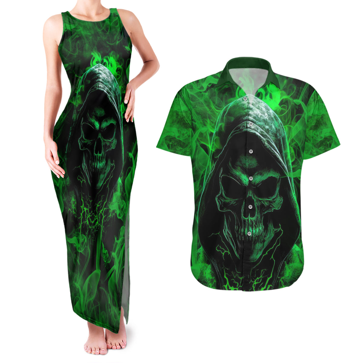 Skull Couples Matching Tank Maxi Dress and Hawaiian Shirt Try Again Tomorrow - Wonder Print Shop