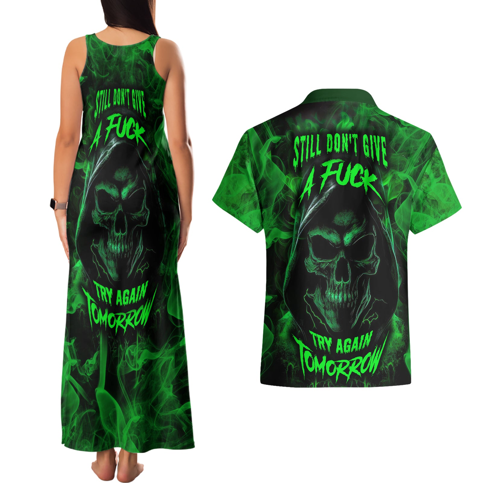 Skull Couples Matching Tank Maxi Dress and Hawaiian Shirt Try Again Tomorrow - Wonder Print Shop
