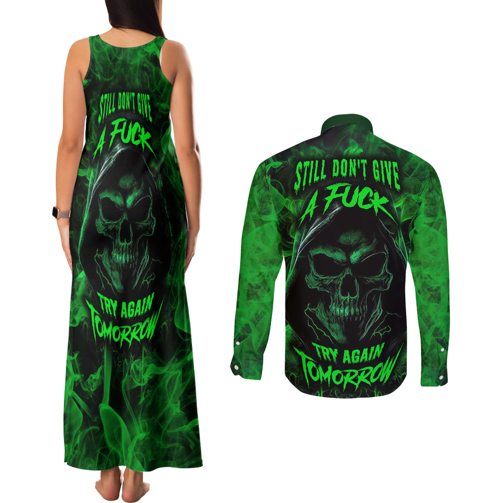 Skull Couples Matching Tank Maxi Dress and Long Sleeve Button Shirts Try Again Tomorrow - Wonder Print Shop