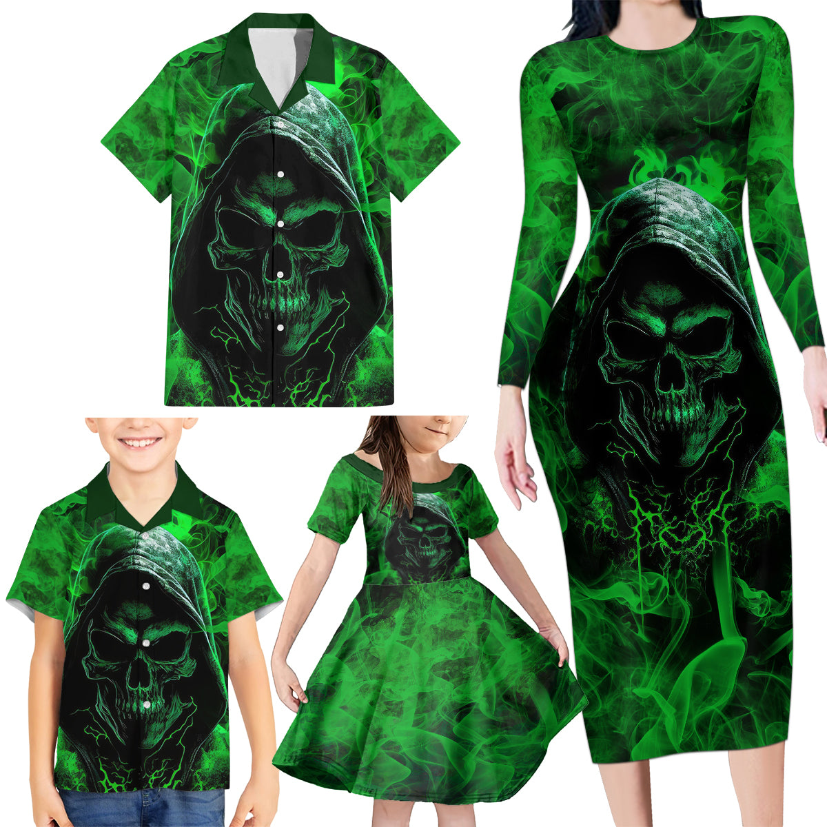 Skull Family Matching Long Sleeve Bodycon Dress and Hawaiian Shirt Try Again Tomorrow - Wonder Print Shop