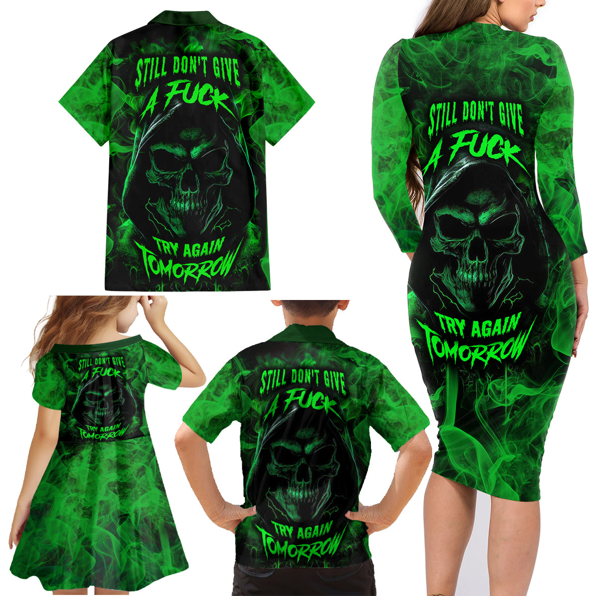Skull Family Matching Long Sleeve Bodycon Dress and Hawaiian Shirt Try Again Tomorrow - Wonder Print Shop