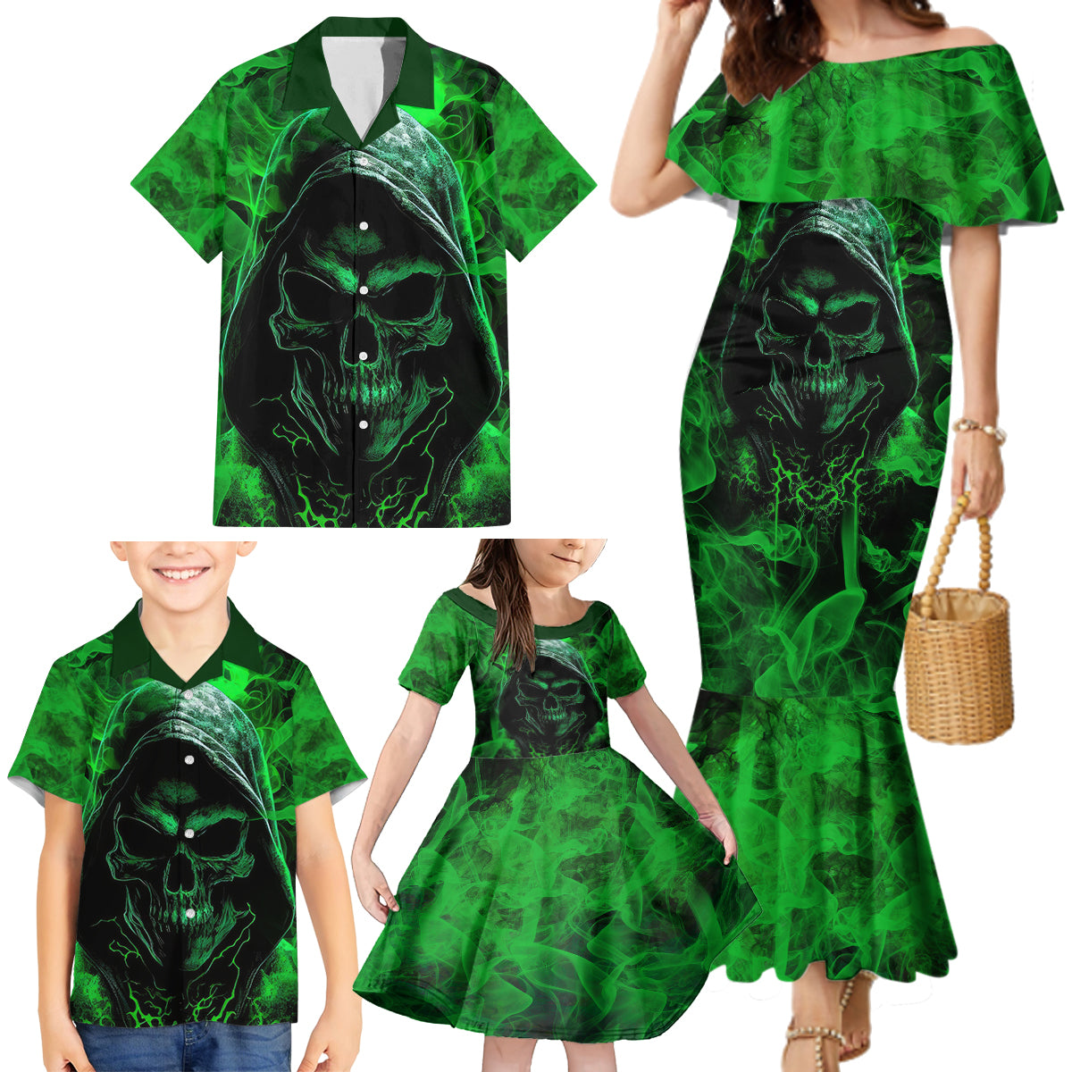 Skull Family Matching Mermaid Dress and Hawaiian Shirt Try Again Tomorrow - Wonder Print Shop