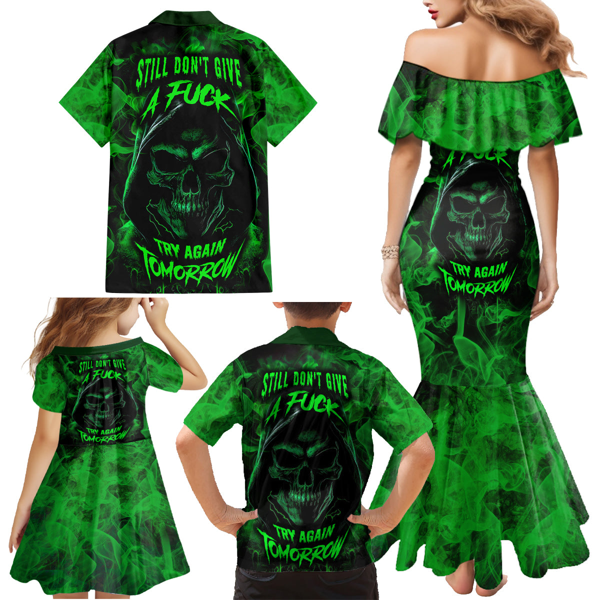 Skull Family Matching Mermaid Dress and Hawaiian Shirt Try Again Tomorrow - Wonder Print Shop