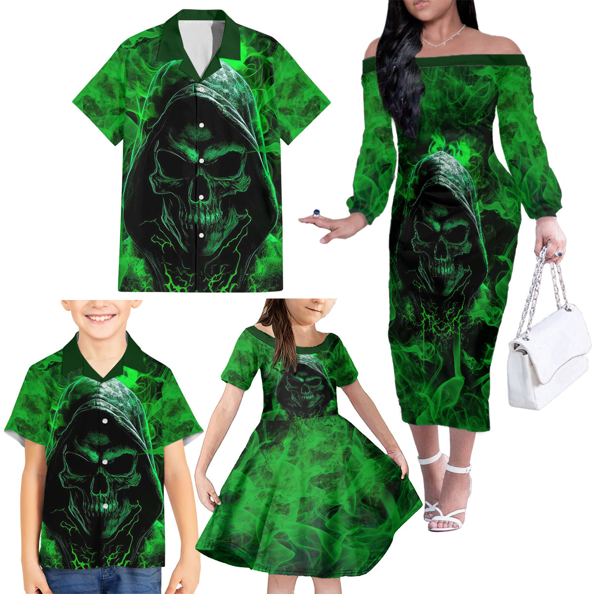 Skull Family Matching Off Shoulder Long Sleeve Dress and Hawaiian Shirt Try Again Tomorrow - Wonder Print Shop
