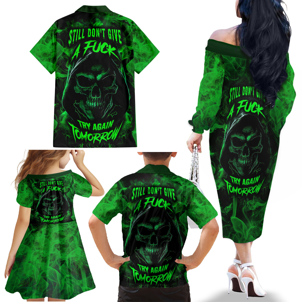 Skull Family Matching Off Shoulder Long Sleeve Dress and Hawaiian Shirt Try Again Tomorrow - Wonder Print Shop