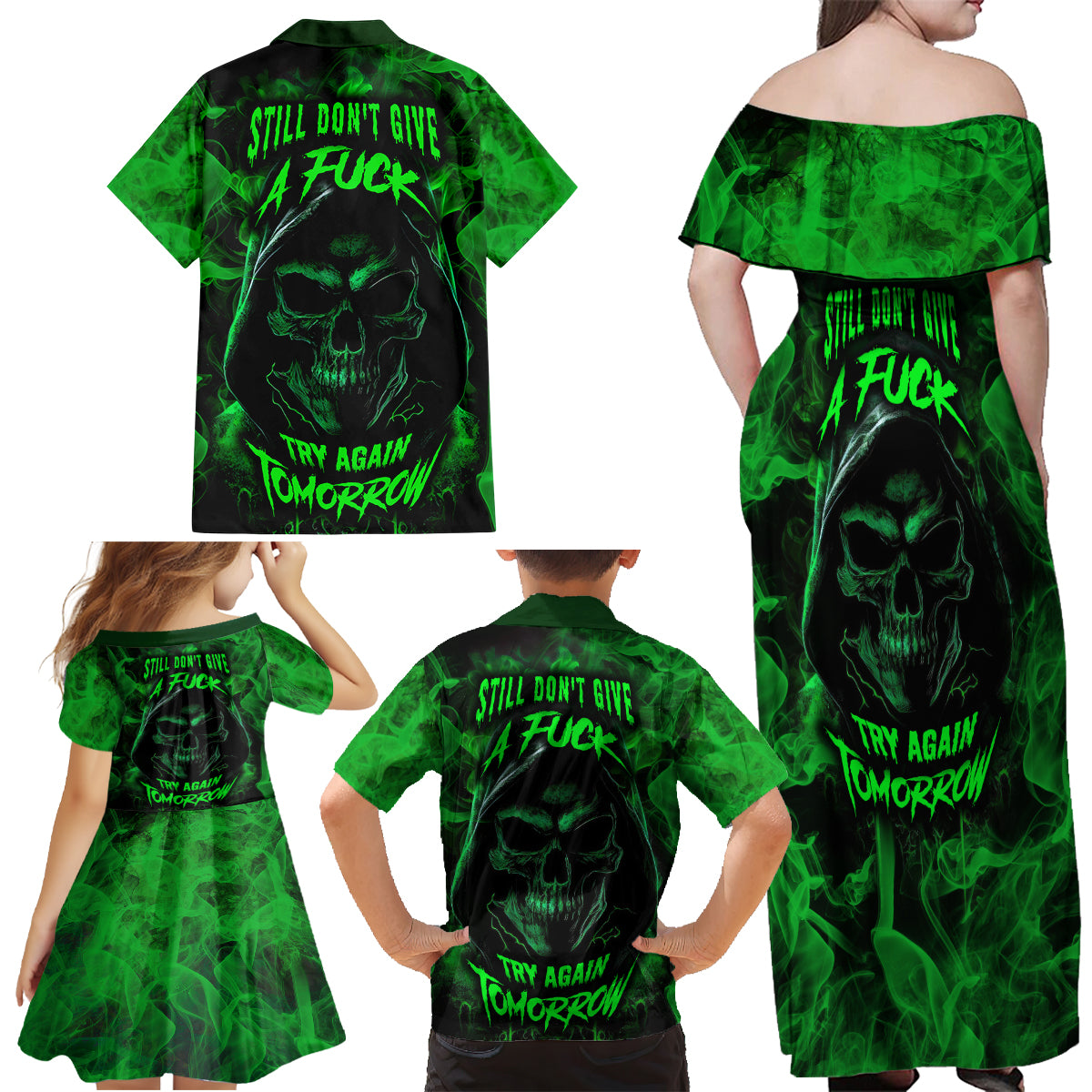 Skull Family Matching Off Shoulder Maxi Dress and Hawaiian Shirt Try Again Tomorrow - Wonder Print Shop