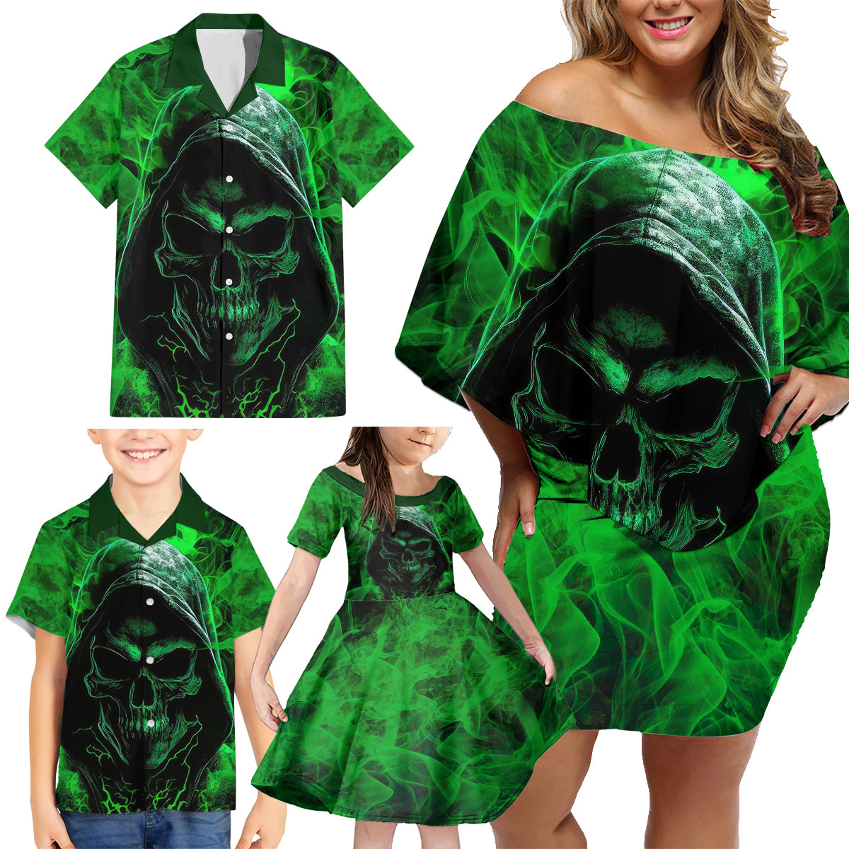 Skull Family Matching Off Shoulder Short Dress and Hawaiian Shirt Try Again Tomorrow - Wonder Print Shop